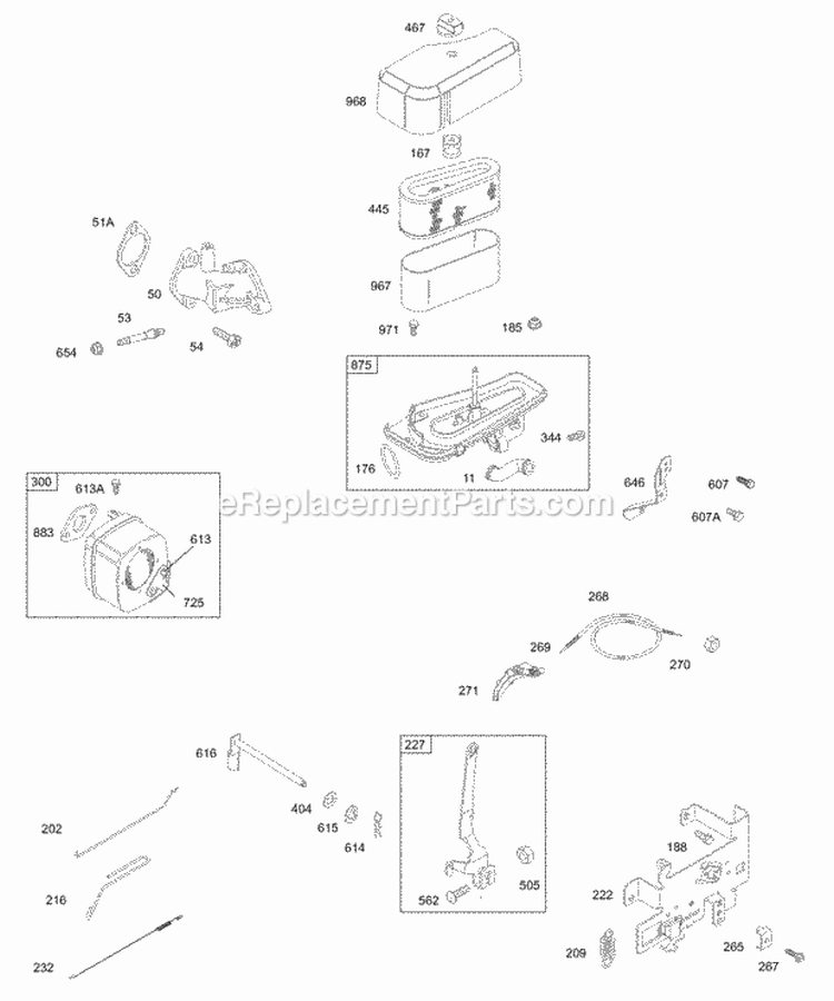 Air Cleaner Muffler Controls Springs Intake Diagram and Parts List for 28R707-0140-01  Briggs and Stratton Engine